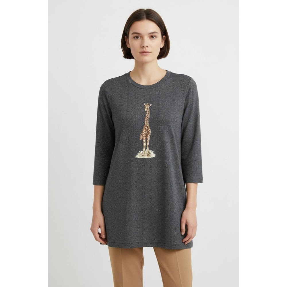Bonnie Womens Grey Herringbone Giraffe Graphic Tunic Top 3/4 Sleeve Size S USA